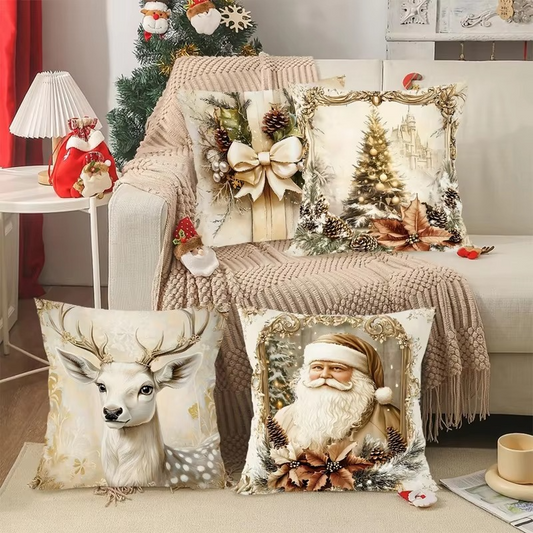 4pcs Christmas Pillow Covers 45x45cm, Santa Snowman Reindeer Xmas Home Decor