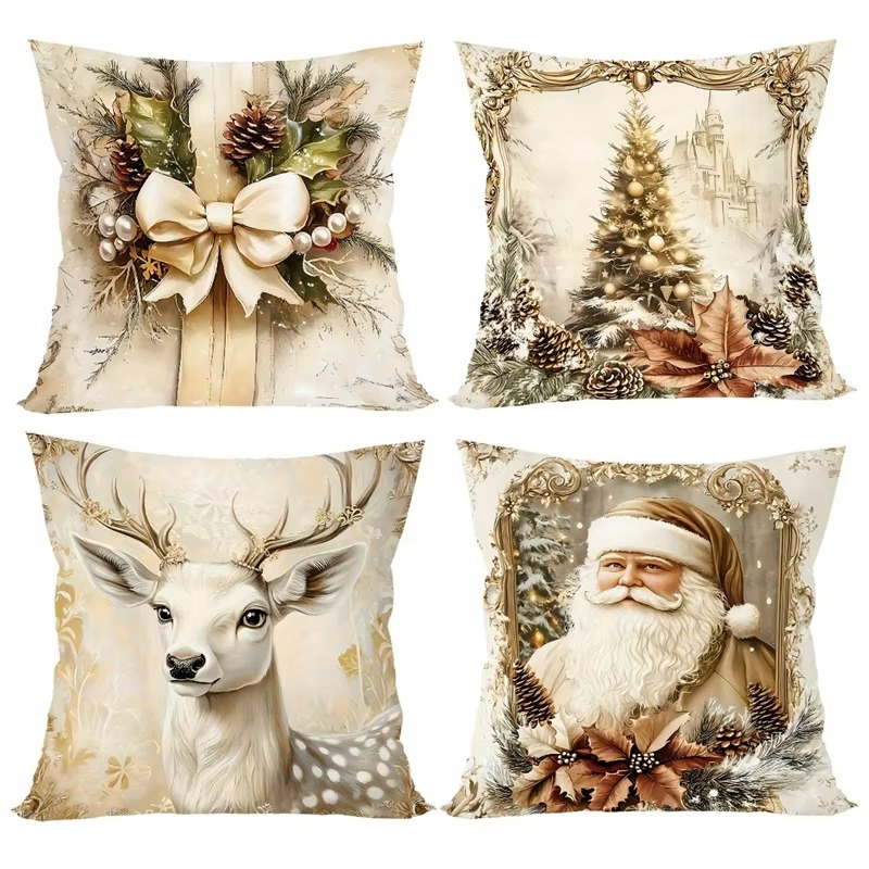4pcs Christmas Pillow Covers 45x45cm, Santa Snowman Reindeer Xmas Home Decor