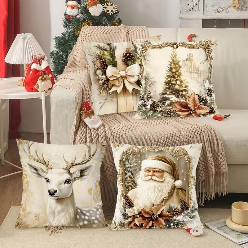 4pcs Christmas Pillow Covers 45x45cm, Santa Snowman Reindeer Xmas Home Decor