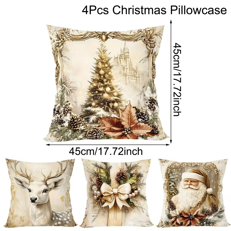 4pcs Christmas Pillow Covers 45x45cm, Santa Snowman Reindeer Xmas Home Decor