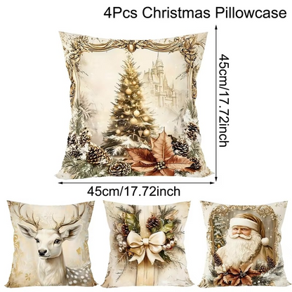 4pcs Christmas Pillow Covers 45x45cm, Santa Snowman Reindeer Xmas Home Decor