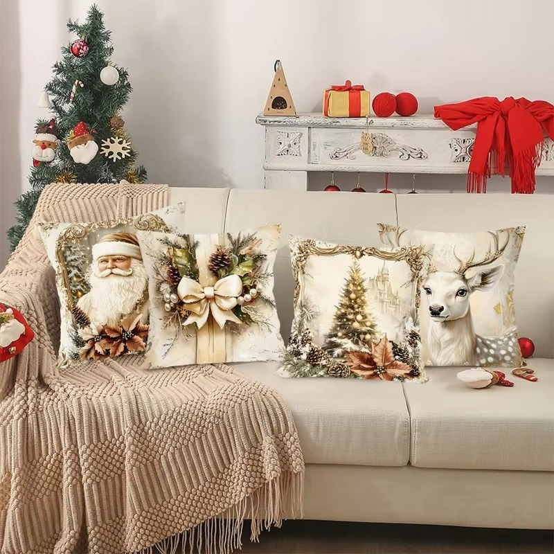 4pcs Christmas Pillow Covers 45x45cm, Santa Snowman Reindeer Xmas Home Decor