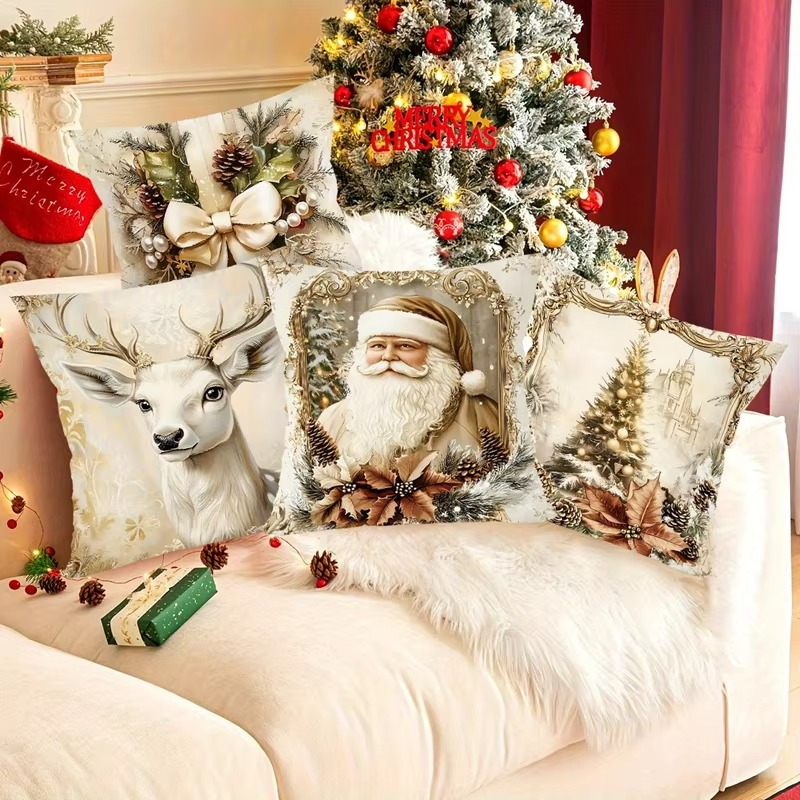 4pcs Christmas Pillow Covers 45x45cm, Santa Snowman Reindeer Xmas Home Decor