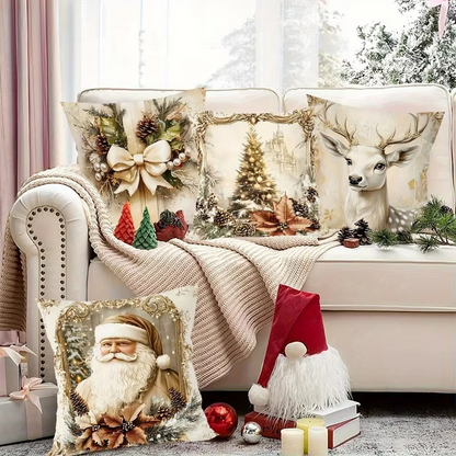 4pcs Christmas Pillow Covers 45x45cm, Santa Snowman Reindeer Xmas Home Decor